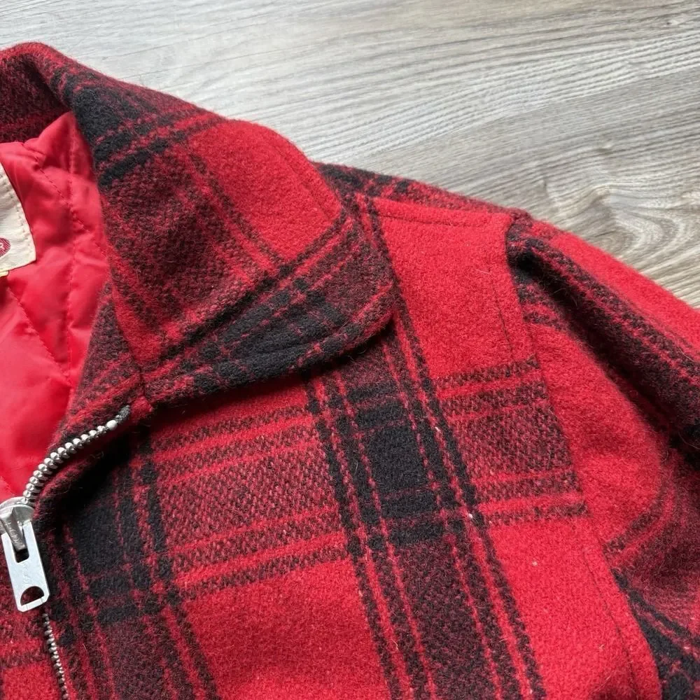 VTG 70s Monterey Club Sportswear Red Plaid Wool Jacket Hunting Quilt Lined 42